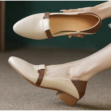 Xajzpa Pumps Women Autumn New Comfortable Versatile Chunky Heel Soft Leather Soft Sole Non-Tiring Slip-On Pointed Toe Low Heel Shoes
